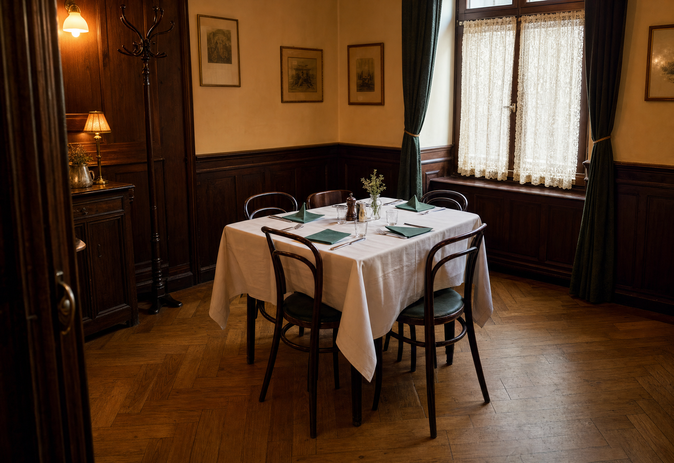 Warm getäfelter Schankraum des Eckbeisl mit gedecktem Tisch, weißem Leinen, grünen Servietten und Spitzenvorhängen
